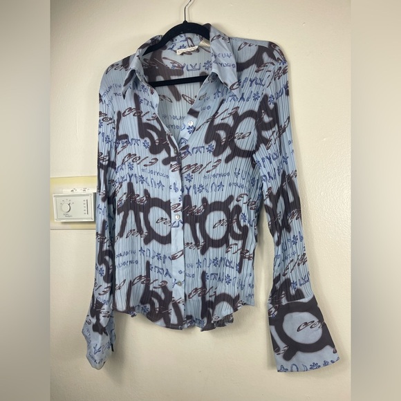 Vintage sheer printed all over print long sleeve collard bratz y2k blue L - Picture 5 of 5